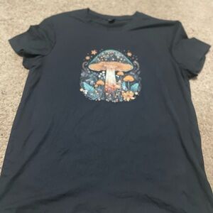 SHEIN Black Tee with Colorful Mushroom Design